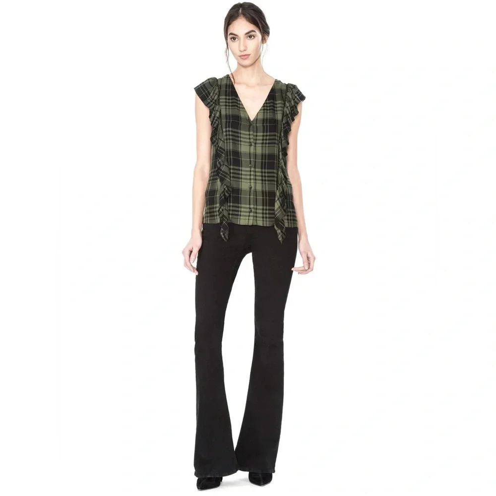Alice + Olivia Janet Ruffled Plaid Top Green Black Blouse Womens Size XS